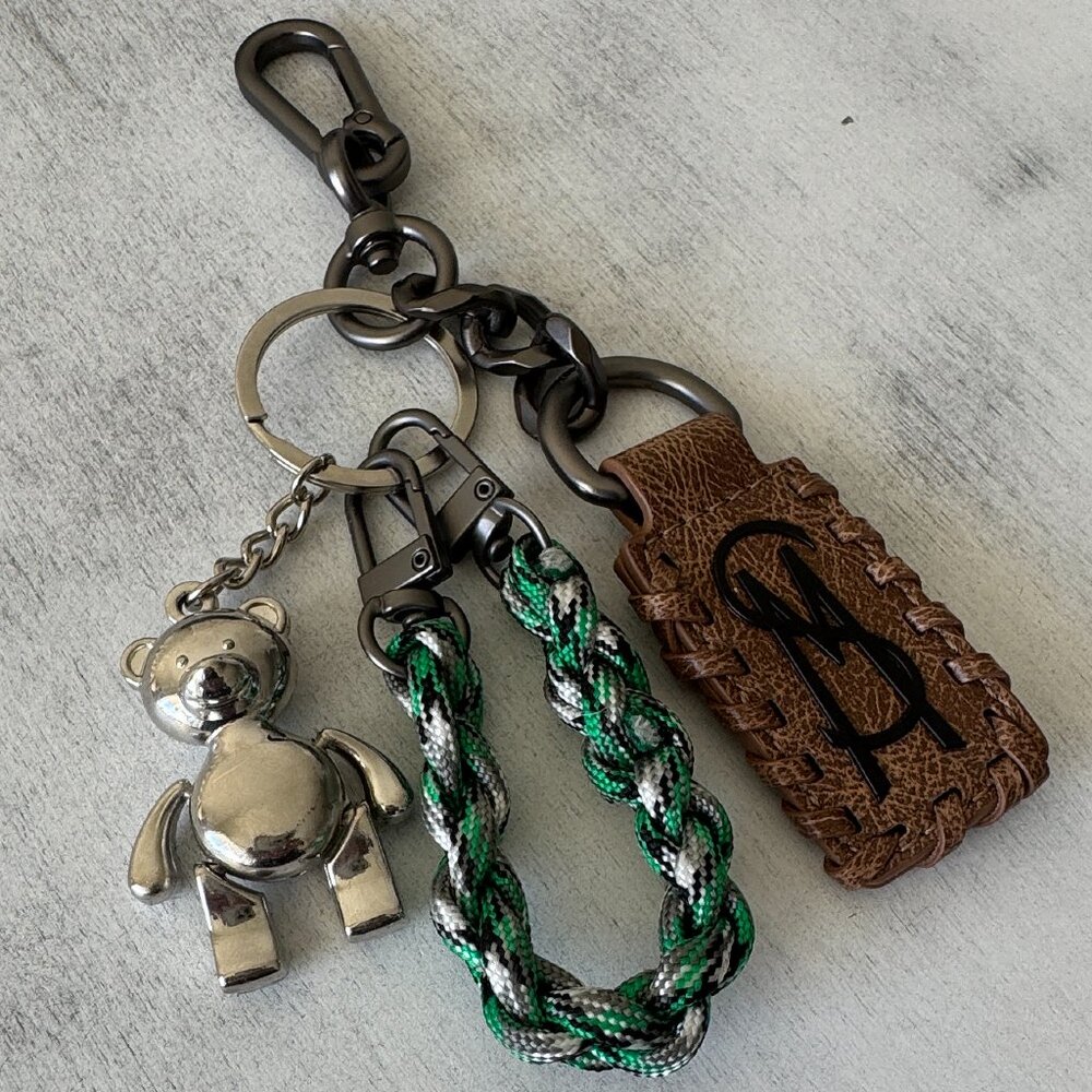 Steve Madden Silver and Green Keychain Teddy Bear Handbag 3 Charms